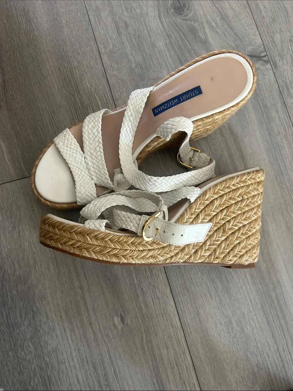 Stuart Weitzman Elise Woven Wedge White Braided Leather Espadrille Sz 10